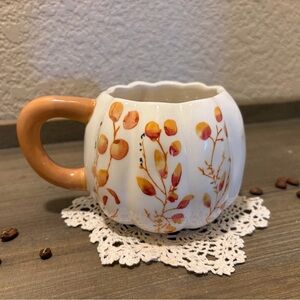 Anthropologie White Pumpkin Mug with Orange Floral Accents